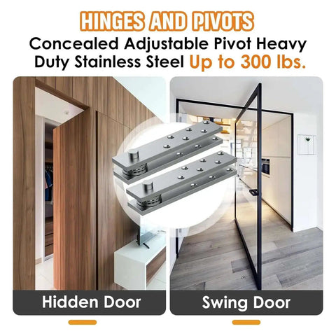Concealed pivot hinge on hidden wood door and swing door example, 300 lbs capacity stainless steel for covert access.