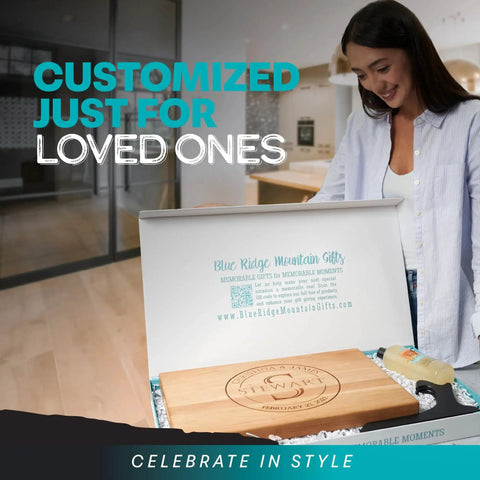 Woman opening a gift box containing a Personalized Wood Cutting Board With Gift Box, Stand, And Oil Included For Weddings, Anniversaries, Birthdays Or Mothers Day, Laser Engraved And Custom Engraved In Cherry, Maple, Or Walnut For Her By Blue Ridge Mountain Gifts.