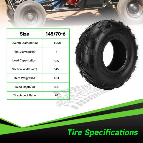 145/70-6 Tubeless Tire For Mini Bikes And ATVs with specifications chart, suitable for Coleman CT100U, KT196, Baja Doodle Bug DB30.