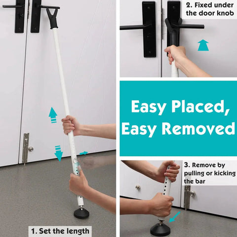 Sliding Door Lock Bar With Anti Lift Lock, adjustable security bar installed under door handle, demonstrating easy setup.
