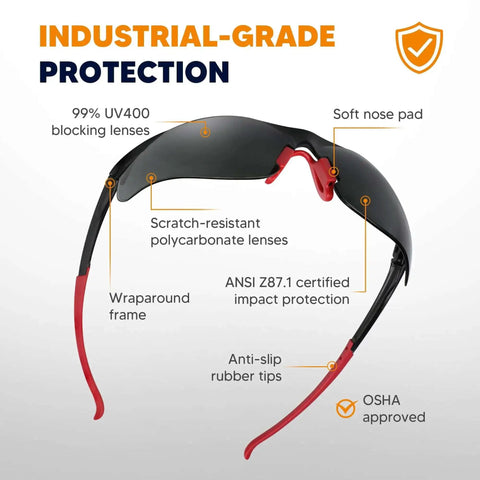 Tinted Safety Glasses 24 Pack Bulk For Men And Women Eye Protection With UV Shield ANSI Z87.1 Scratch Resistant Eyewear Nose Pads For Construction Work Outdoor Jobs with wraparound frame and nose pads, showcased in infographic layout