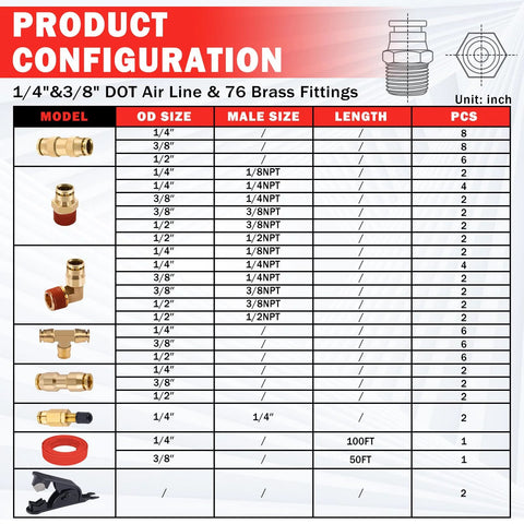 CheeMuii brass DOT air line fittings kit with red 100ft 1/4in and 50ft 3/8in air lines, product configuration chart.