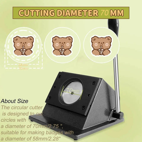 2.75 Inch Circle Cutter For Badge Making, 70mm Die Cut Machine with lever, and 58mm mold compatibility displayed in background
