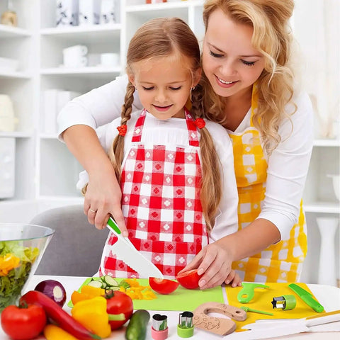 Child using 46 Piece Kids Knife Set For Toddlers Real Cooking Skills Montessori Kitchen Toys With Safe Wooden Knife Crinkle Cutter Y Peeler