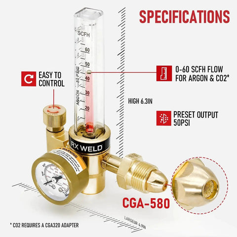 Argon Regulator Flowmeter Gas Gauge For MIG And TIG Welding With Gas Hose CGA 580 Inlet shown with specifications