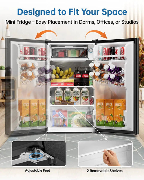 Open 3.2 Cu Ft Mini Fridge With Freezer And Reversible Door For Dorm Energy Efficient showing stocked shelves and adjustable features.