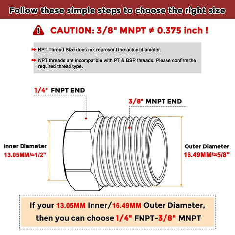 Diagram explaining 3/8 MNPT to 1/4 FNPT brass fittings sizing for Solid Brass NPT Reducer Hose Fittings Adapter by Kozelo.