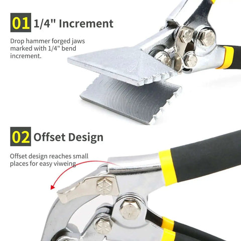 Close-up of sheet metal seamer pliers with non-slip grip, showing 1/4 inch increment curved jaw and offset design for precise metal work.