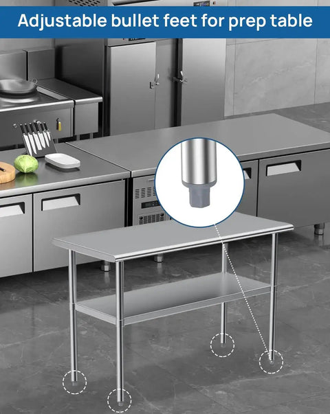 Stainless steel table with Workhorse Adjustable Bullet Feet For One And Five Eighths Inch Tubing in industrial kitchen setting