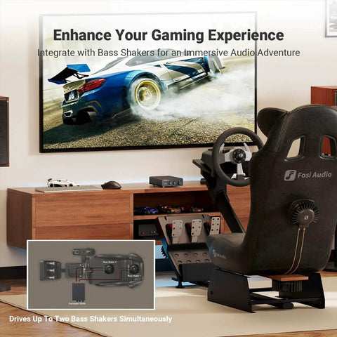 Home theater setup with gaming chair, TV, and Beefy 2 Channel Class D Desktop Amplifier Powered By TPA3255 With 600W Total Power.
