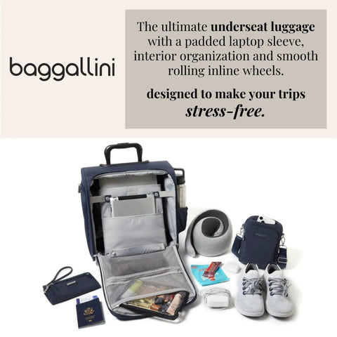 Ultra Lightweight 2 Wheel Underseater Carry On Luggage For Air Travel And Weekender Getaways with contents displayed