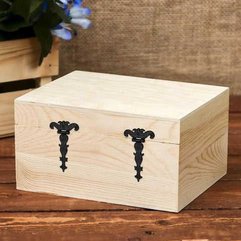 Wooden box with Antique T Strap Hinge Set Four Pieces Black Zinc Alloy Hinges With Screws for decorative touch.