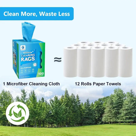 Comparison of blue microfiber cleaning cloths box with 12 paper towel rolls, promoting eco-friendly use and waste reduction.