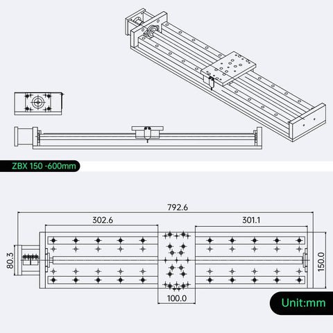 Technical drawing of 600mm Travel X Y Z Axis Cross Sliding Table Beefy With SFU 1605 Ballscrew And Limit Switches