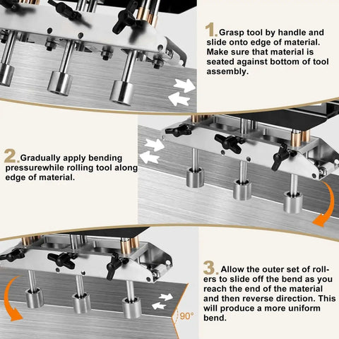 Step-by-step guide using Three Station Roller Bender for Metal Roofing and Sheet Metal adjustable from 0 to 90 degrees, showing bending process.