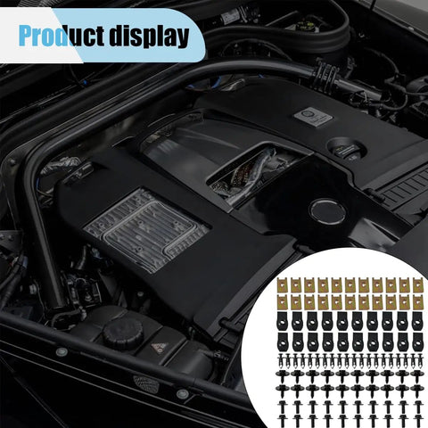 Engine bay with 100 Piece Automotive Screws And Bolts Kit For Engine Under Cover Splash Shield Guard And Fender Liner Push Retainer Clips U Nuts And Plastic Rivet Fasteners For Car Body Repair displayed.