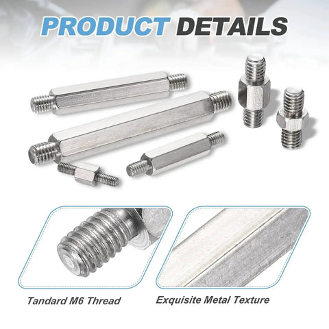 Stainless Steel Double End Studs M6 7mm Ends, 12mm Center, Male To Male Rods, showcasing metal texture and M6 thread detail.