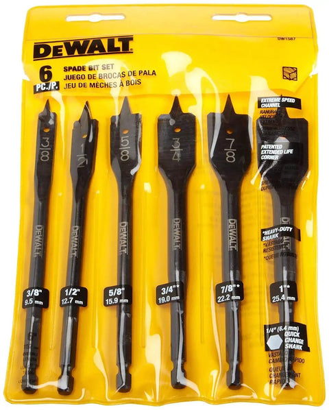 Packaged Six Piece Spade Drill Bit Set Three Eighth Inch To One Inch For Woodworking And DIY Projects DW1587 Premium Pack
