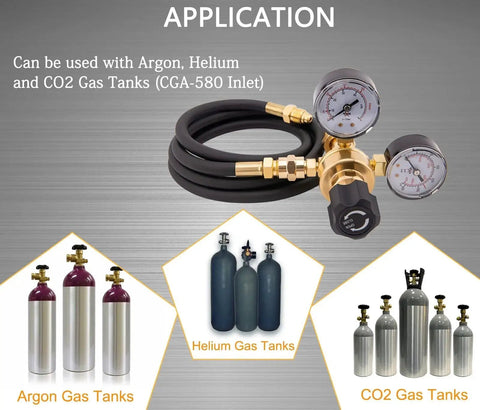 Universal Argon CO2 Gas Regulator for MIG TIG welding with 0 to 4500 PSI gauge and CGA 580 inlet, shown with gas tanks.
