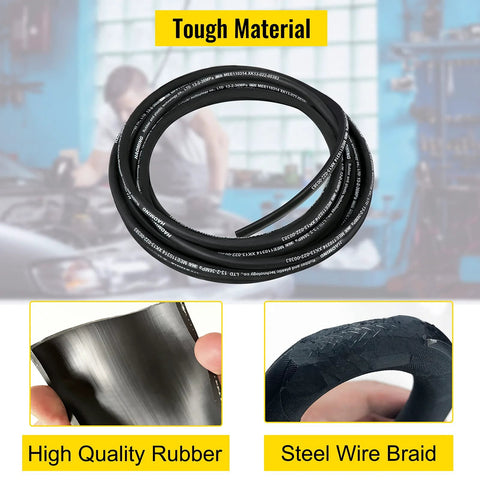 VEVOR hydraulic hose coil, front view, 50 ft, 1/2 in ID, rubber with steel wire braid, 5000 PSI
VEVOR rubber hose material close-up, black outer surface
VEVOR steel wire braid close-up, braided reinforcement on hose