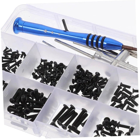 RC Car Repair Tool Kit With Wrench, Screw And Fastener Set, Nut And Bolt Assortment, blue handle, organized in compartments