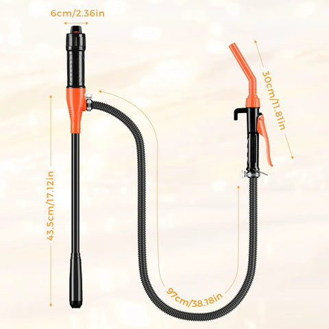 Portable Electric Fuel Transfer Pump 3 GPM Battery Powered Siphon for Oil and Fluids with Adjustable Flow Control Nozzle Orange, side view.