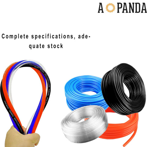 AOPANDA Pneumatic Tubing 9/16 in OD PU clear air hose, 5 m, with blue, black, orange, and silver coils.