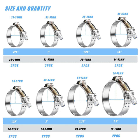 Image displaying Sixteen Pack T Bolt Hose Clamps Set With Eight Size Options From 3/4 Inch To 2.5 Inch in premium 304 stainless steel.