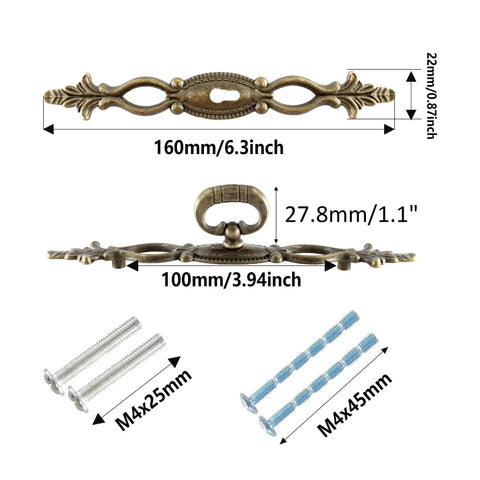 Antique Bronze Cabinet Pulls 6.3 Inch 160mm Vintage Style Drawer Knobs with screws, dimensions labeled, side and top view