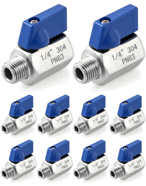 QWORK mini ball valve 1/4in NPT, 304 stainless steel, blue lever handle, 10-pack
