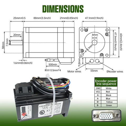 RATTMMOTOR Nema24 closed-loop servo motor kit with black motor and driver, 60×60×88 mm, encoder cables, shown with dimensional diagram.
