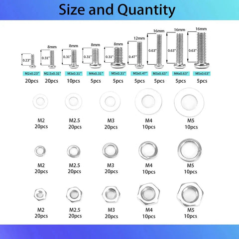 320 Piece Small Metric Machine Screws Set With Nuts And Washers, M2 To M5, size chart for screws, nuts, and washers included
