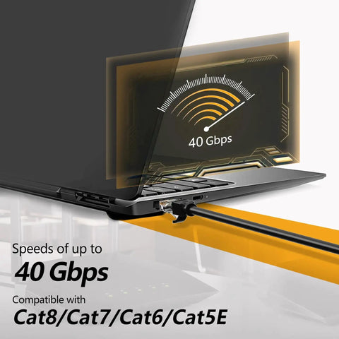 Laptop connected with Tough As Nails Outdoor 50 Ft Cat6 Cat5E Ethernet Cable 24AWG Direct Burial, showing 40Gbps speed compatibility.