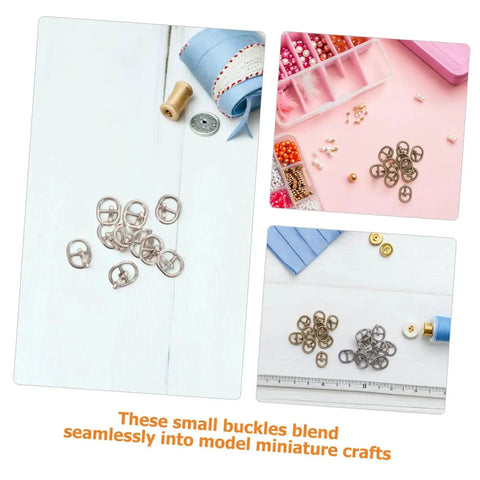 Collage of Mini Alloy Belt Buckles Set For Doll Clothes And Tiny Belts, 150 Pcs Small Single Prong Fasteners in crafting setup