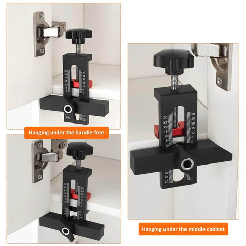 Cabinet Door Mounting Jig With Adjustable Positioner And Drill Jig 2-In-1 Cabinet Hardware Tool shown installed on cabinets