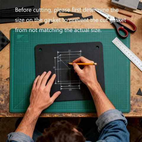 TKCBCD non asbestos gasket sheet top-down view on green cutting mat; hand draws gasket outline with pencil, scissors nearby