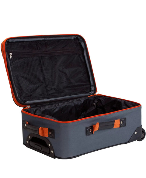 Open 20-inch luggage from Expandable Softside Upright Luggage Set In Charcoal, 2 Piece With 20 Inch Upright And 14 Inch Tote.