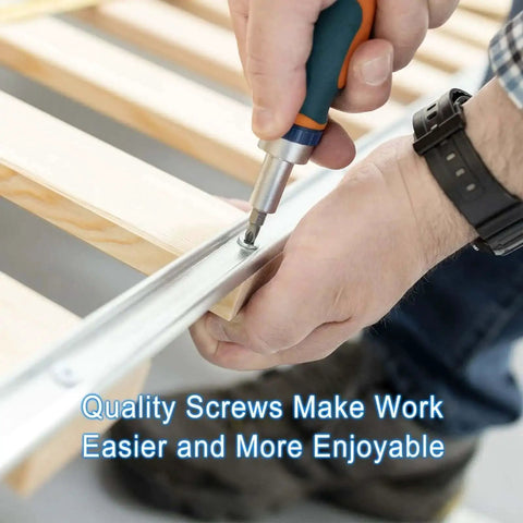 Person using a screwdriver with 815 piece stainless steel self tapping screw set with 24 sizes M3 to M6 including flat head pan head truss head