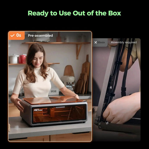 80W Falcon A1 Laser Engraver With HD Camera Auto Positioning on kitchen counter, fully enclosed and preassembled