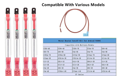 Thermal cutoff kit for RV Atwood water heater with four red-tipped fuses and brown wiring with a blue connector