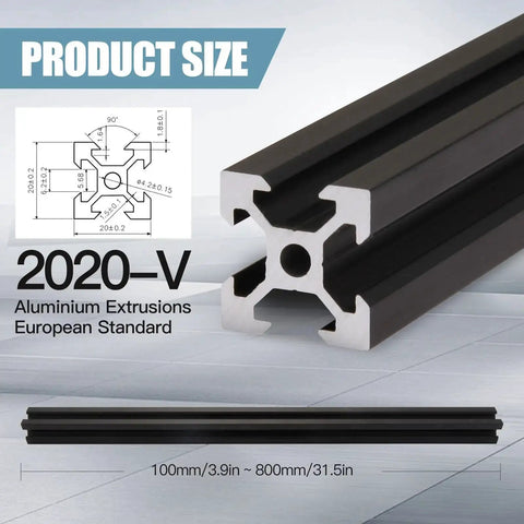 Four Piece 400mm V Slot 2020 Aluminum Extrusion European Standard Anodized Black Linear Rail for 3D Printer Parts and CNC DIY Projects