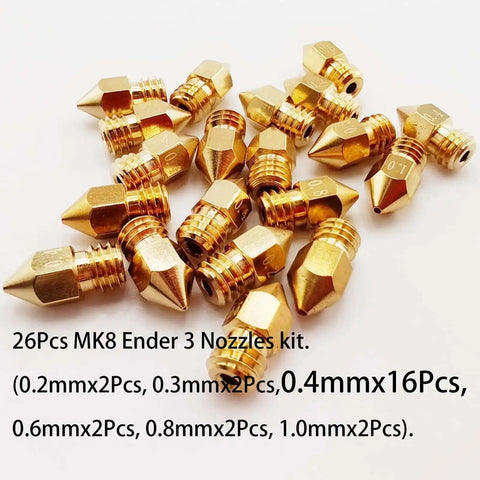 26Pcs Ender 3 Nozzles Kit MK8 Brass 3D Printer Nozzles 0.2mm 0.3mm 0.4mm 0.6mm 0.8mm 1.0mm for Ender 3 Pro and CR10
