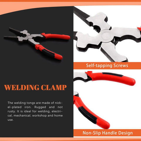 All In One Mig Welding Pliers Set 8 Inch With Stainless Steel Wire Gauge And Sheet Thickness Gauge For Quick Wire Cutting Splatter Removal And Precise Measurements, featuring a close-up of a welding clamp with non-slip handles.