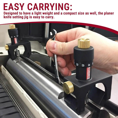 Person adjusting Magnetic Planer Blade Setting Jig on planer, showing easy setup for accurate blade height and pro-grade results.