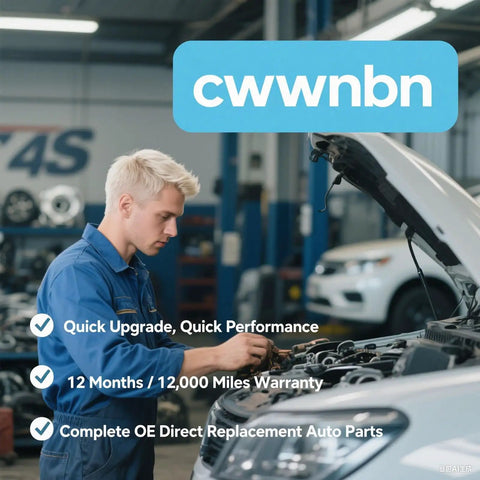 Mechanic working on car engine under open hood in auto repair shop with cwwnbn branding in background