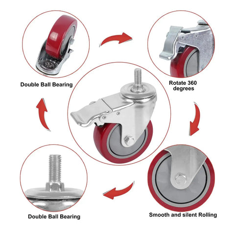 DICASAL 5in heavy-duty stem caster wheels, 360 deg swivel, M12-1.75 threaded bolt, dual locking brakes, pack of four