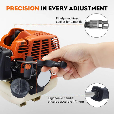 Hand adjusting carburetor on orange trimmer engine with Pack Of 14 Carburetor Adjustment Tools With RPM Tachometer Hour Meter