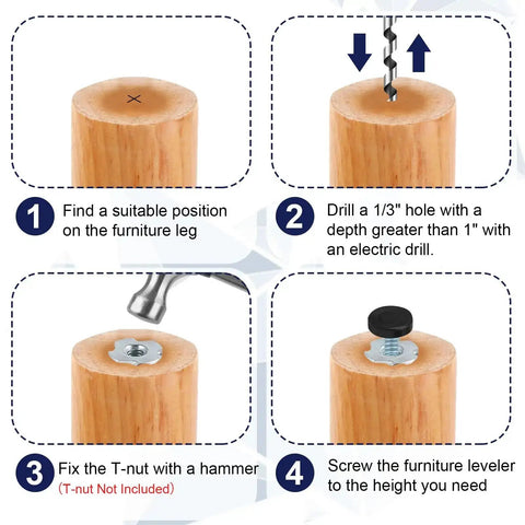 Installation guide for Adjustable 1/4-20 Thread Furniture Feet Levelers, showing drilling and screwing steps on wooden furniture legs.