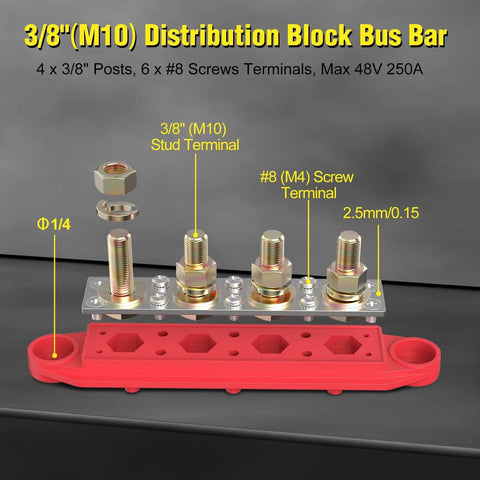 Beefy Power Distribution Block Bus Bar With Four Three Eighths Inch Posts And Six Size Eight Screws 48V DC Max 250 Amp Continuous Pair In Red And Black For Wiring Projects And Automotive Applications Built Tough And Ready, showing detailed screw and post design.