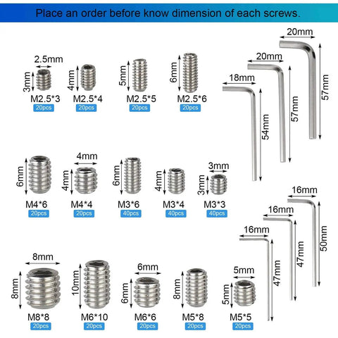 Massive 340 Piece Metric Hex Socket Head Cup Point Set Screw Kit M2.5 Through M8 With Allen Head Grub Screws Internal Hex Drive Headless Set Screws 304 Stainless Steel Includes 6 Hex Wrenches, displayed with size specifications and hex wrenches